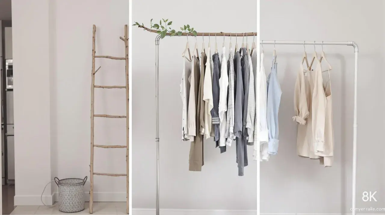 Idées de portant vêtement DIY : échelle en bois, portant en métal avec branche et portant minimaliste en tube.