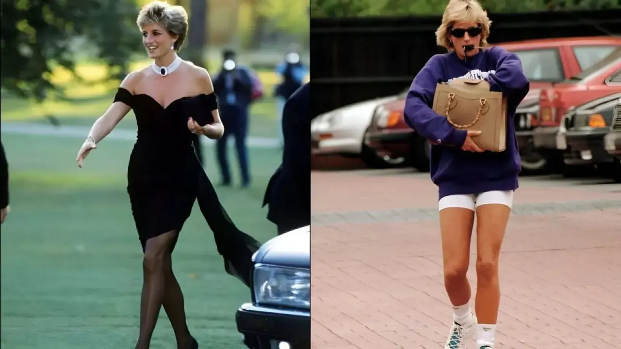 Princess Diana fashion: A split image shows her in a black off-the-shoulder dress and later in athletic wear.