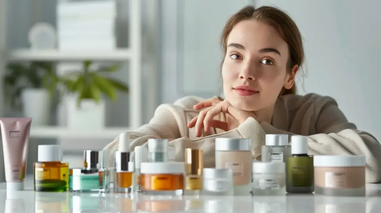 Kobieta z uśmiechem opiera się o stół z kosmetykami. Wśród nich kremy i serum, które dzięki zawartości ceramidów dbają o zdrową skórę.