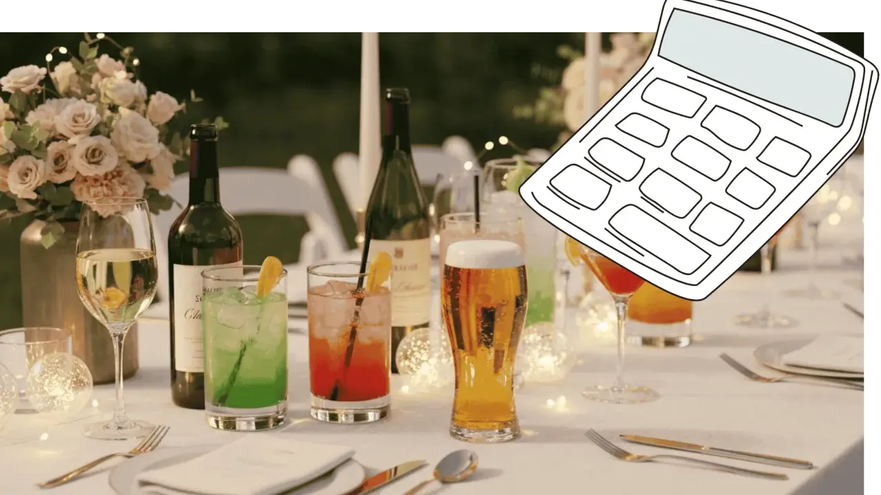 Hochzeitstisch mit Getränken und einer Rechner-Grafik. Hilft bei der Planung: wie viel wein pro person hochzeit.