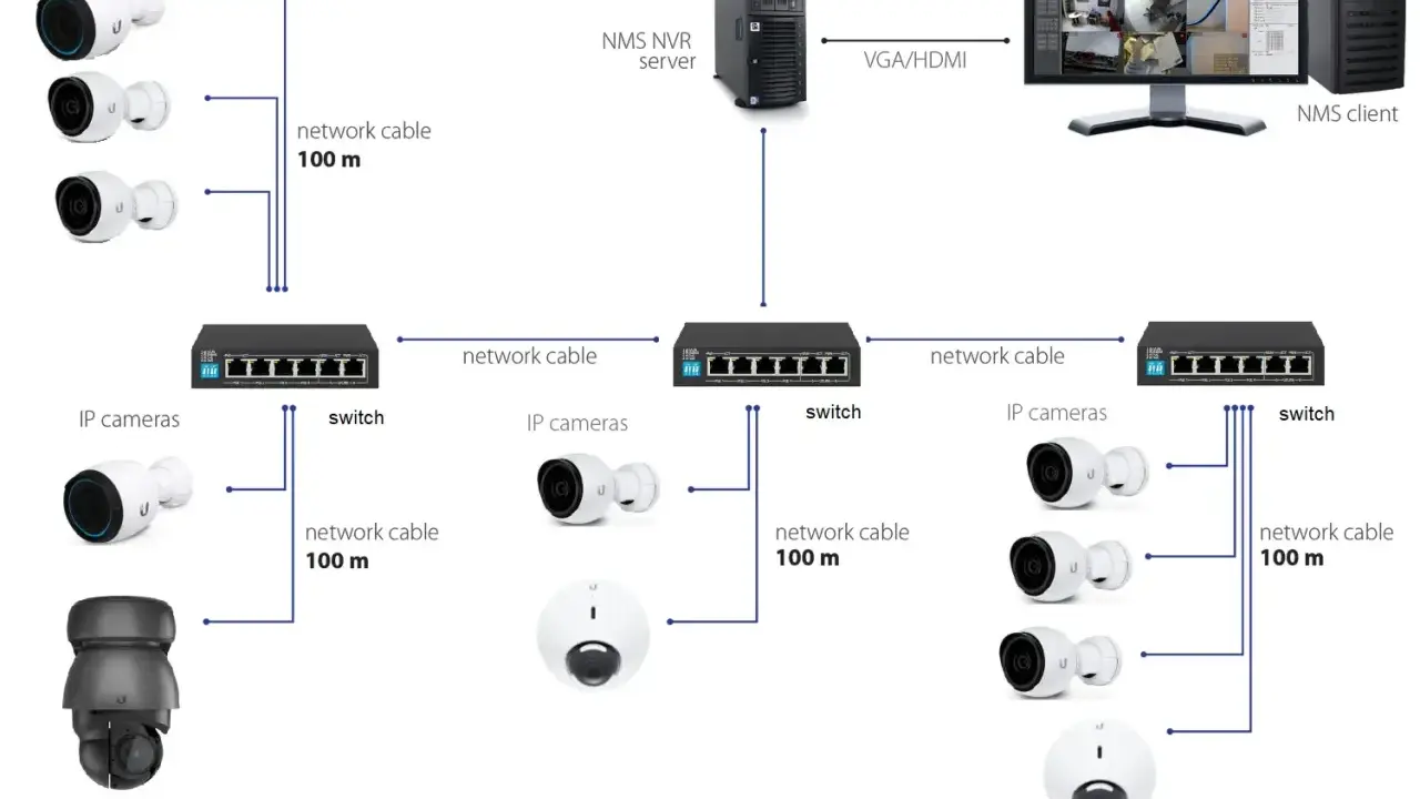Schemat sieci monitoringu IP: kamery łączą się przez switch z serwerem NVR i klientem NMS.