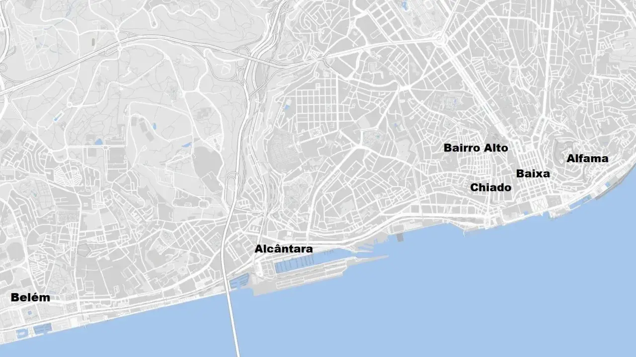 Graue Stadtkarte von Lissabon mit markierten Vierteln wie Alfama, Baixa, Chiado, Bairro Alto, Alcântara und Belém.