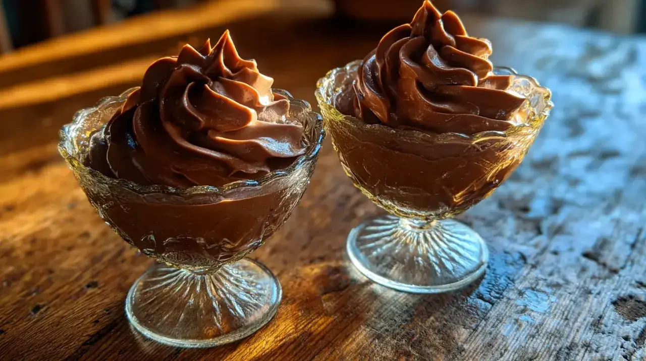 Deux coupes de mousse au chocolat à l'ancienne, onctueuse et aérienne, baignées de lumière. Une invitation à redécouvrir cette recette.