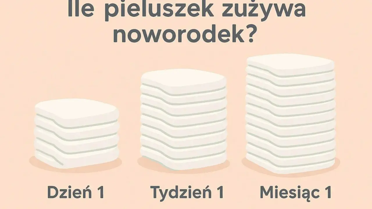 Trzy stosy pieluch: Dzień 1, Tydzień 1, Miesiąc 1.