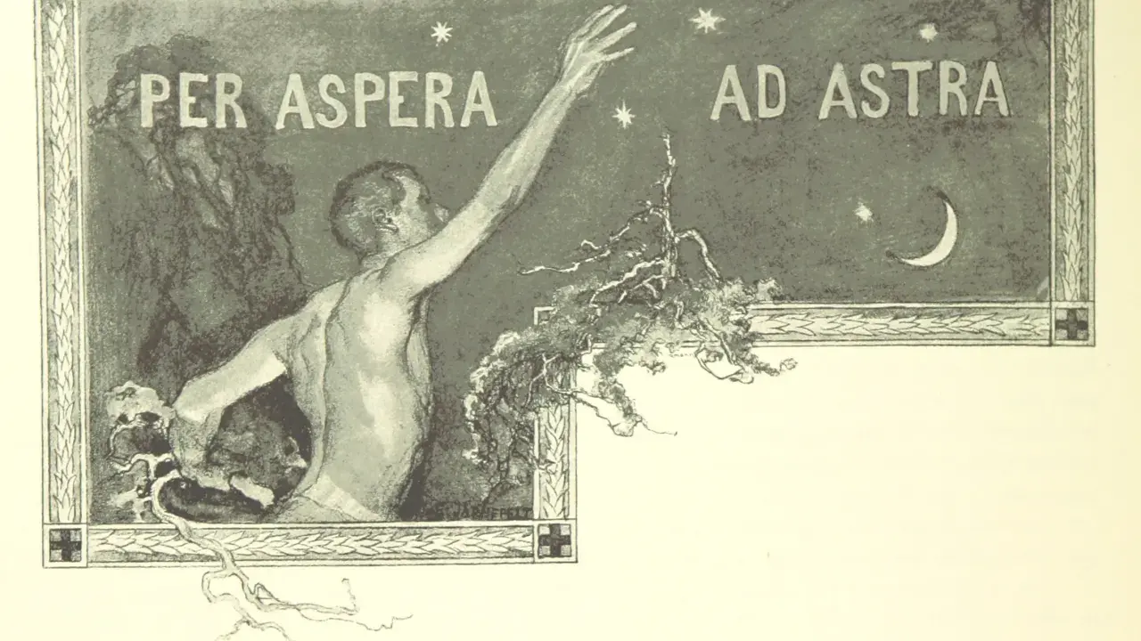 Un uomo nudo tende la mano verso le stelle, con la scritta "Per aspera ad astra" che significa "attraverso le difficoltà fino alle stelle".
