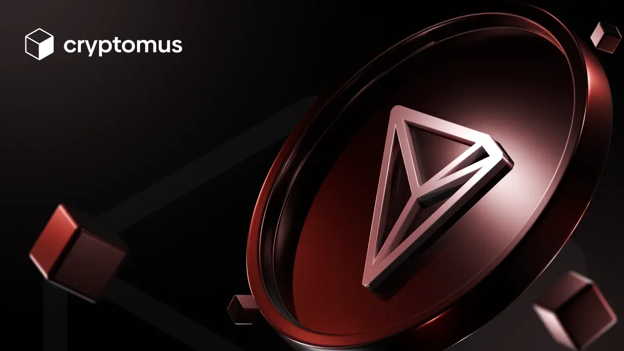 Logo cryptomus na tle z elementami TRC20.