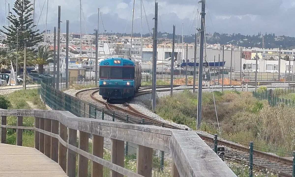 Ein Zug fährt auf den Gleisen in Richtung einer Marina mit vielen Segelbooten. Die Fahrt von Lissabon in die Algarve ist ein Erlebnis.