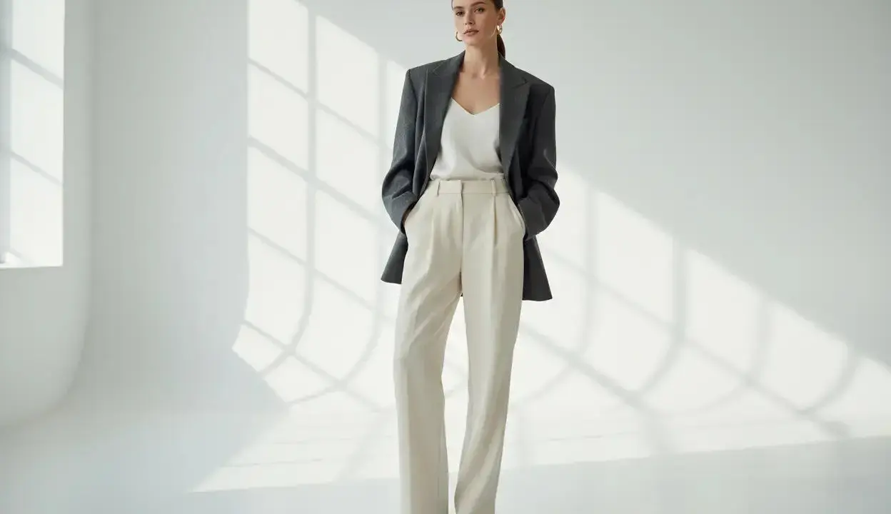 Modello indossa un tailleur beige con blazer grigio scuro. Un look elegante per ogni occasione.