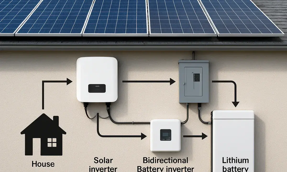 Solceller laddar litiumbatteri via en växelriktare. Systemet ger grön energi till huset.