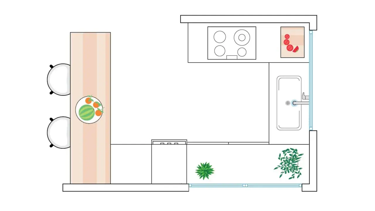 Plano de cocina con barra, dos sillas, estufa, fregadero y plantas. Incluye un detalle de sandía y naranjas.