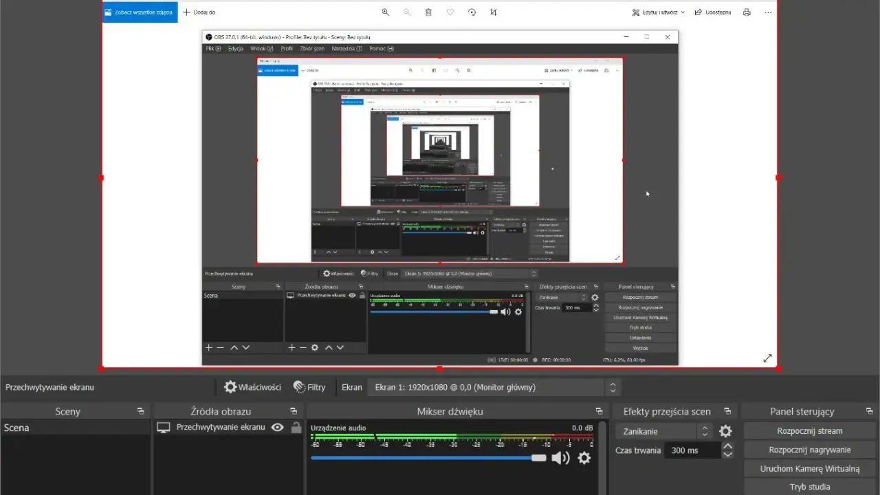 OBS Studio do nagrywania ekranu Windows. Widok programu z ustawieniami przechwytywania ekranu i mikserem dźwięku.
