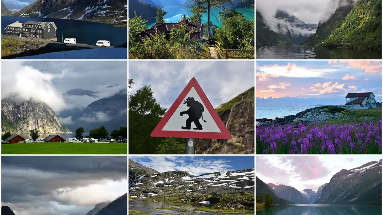 Niesamowite norwegia widoki: góry, fiordy, jeziora, domki, pola fioletowych kwiatów i znak trolla.