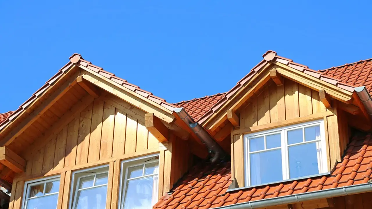 Holzverkleideter Dachausbau mit Gaube und roten Ziegeln unter blauem Himmel.
