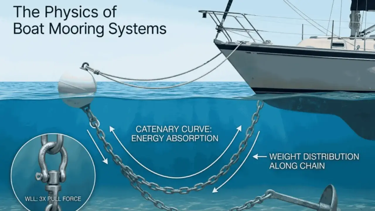 Schéma expliquant la physique des systèmes d'amarrage de bateau, montrant l'ancre d'un bateau, la chaîne et la courbe caténaire pour l'absorption d'énergie.