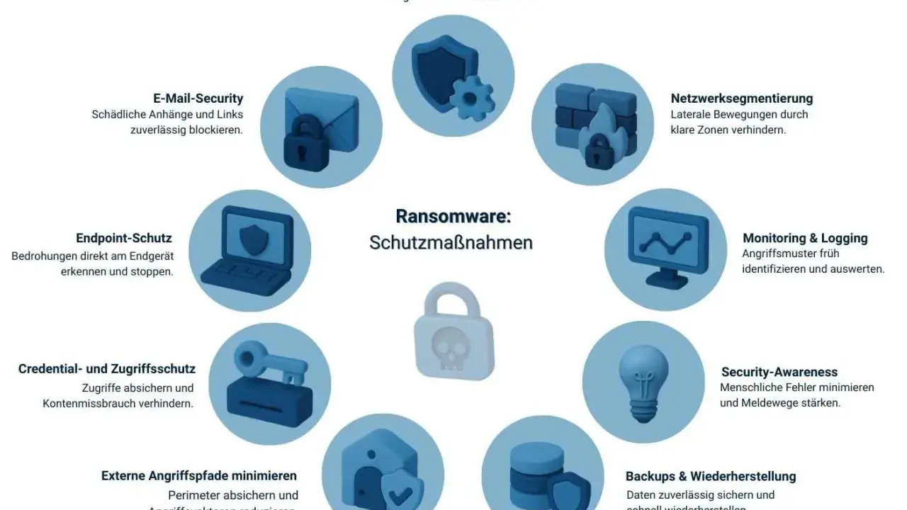 Schutzmaßnahmen gegen Ransomware: E-Mail-Sicherheit, Endpoint-Schutz, Netzwerksegmentierung, Monitoring & Logging, Backups & Wiederherstellung, Security-Awareness, Härtung von Systemen, externe Angriffspfade minimieren, Credential- und Zugriffsschutz.