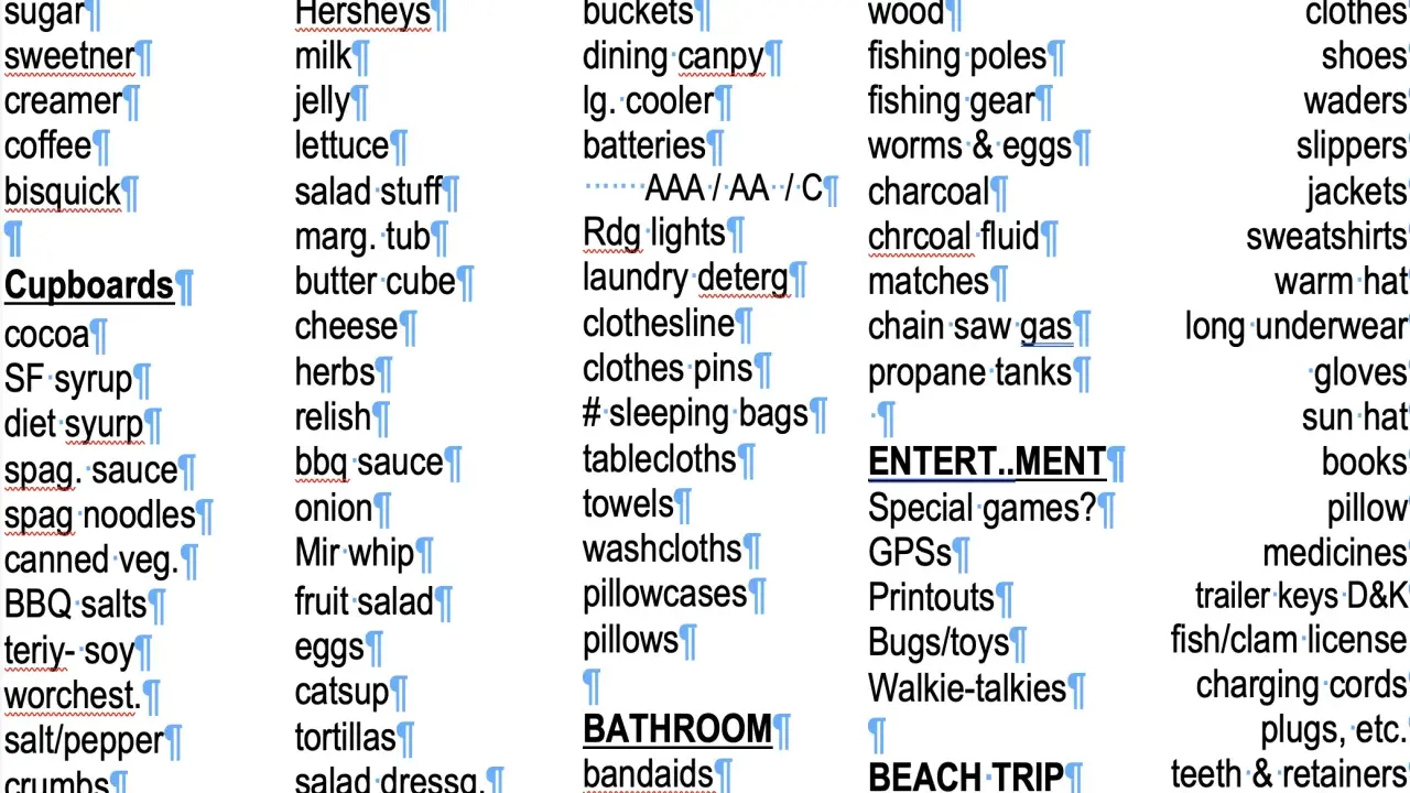 En detaljerad packlista camping med kategorier som mat, kylvaror, inomhus, utomhus och personliga tillhörigheter.