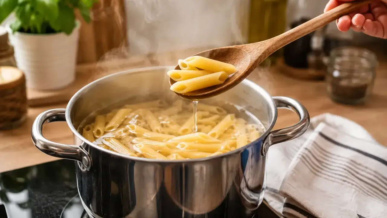 Drewniana łyżka z penne nad garnkiem wrzącej wody. Prosty sposób, jak ugotować makaron do perfekcji.