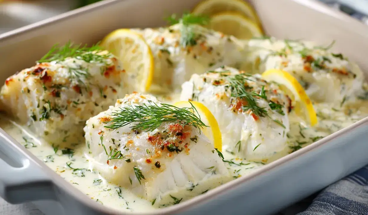 Ugnsbakad torskrygg i krämig sås med citron och dill. Ett perfekt torskrygg recept för en festlig middag.