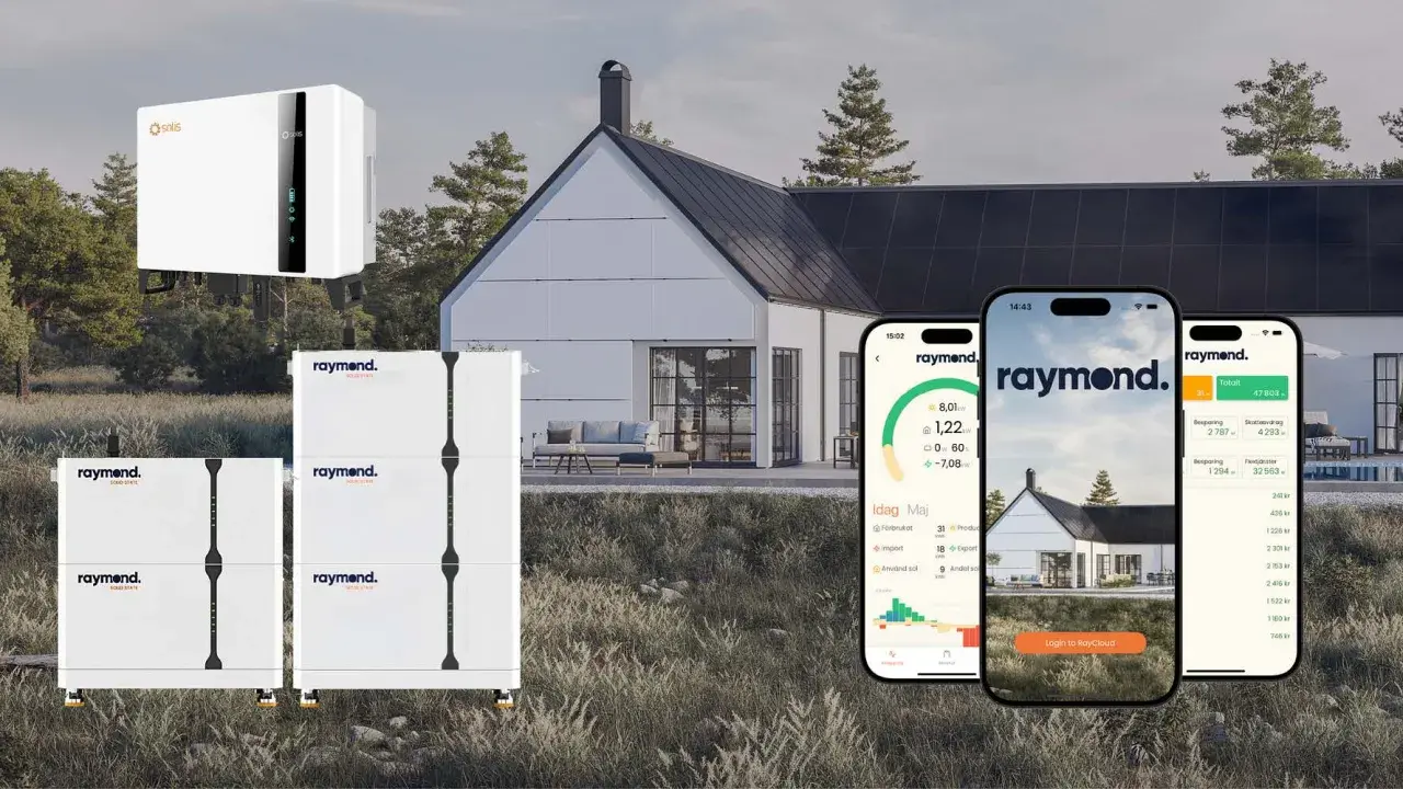 Solis växelriktare och Raymond energilagringssystem vid ett modernt hus. Telefoner visar appen för att övervaka solenergi.