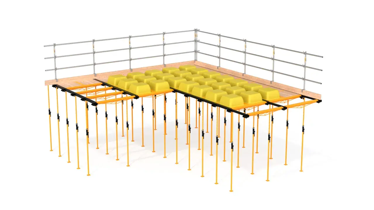 Sistema de encofrado recuperable con soportes naranjas y moldes amarillos para crear losas de hormigón.