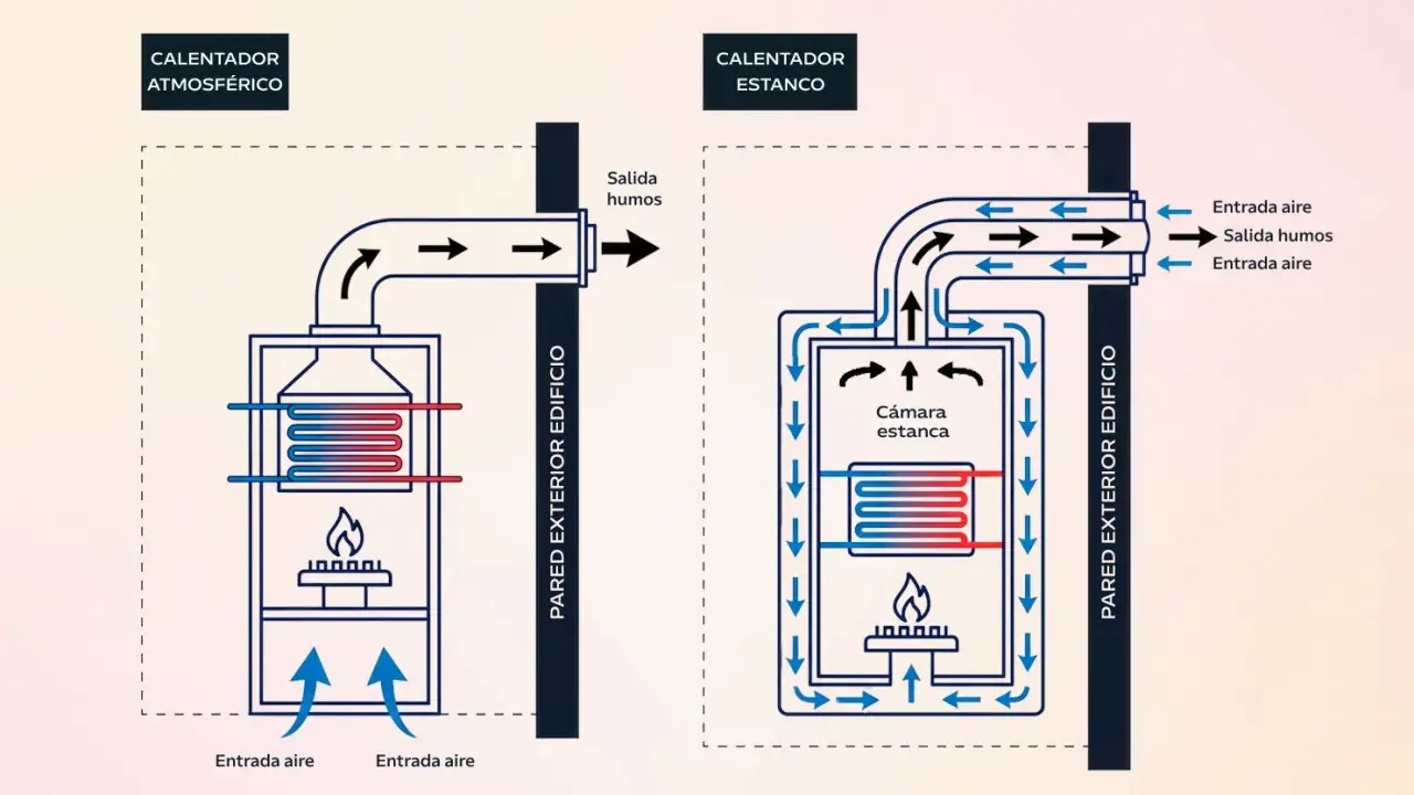 Diagrama compara calentadores. El atmosférico expulsa humos al exterior, mientras que el estanco, con cámara estanca, permite que se pueda instalar un calentador atmosférico en el interior.