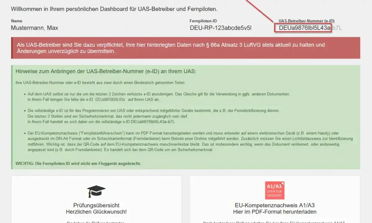 Dashboard für Drohnenpiloten mit Kennzeichen und UAS-Betreiber-Nummer (e-ID). Max Mustermann hat die Prüfung bestanden.