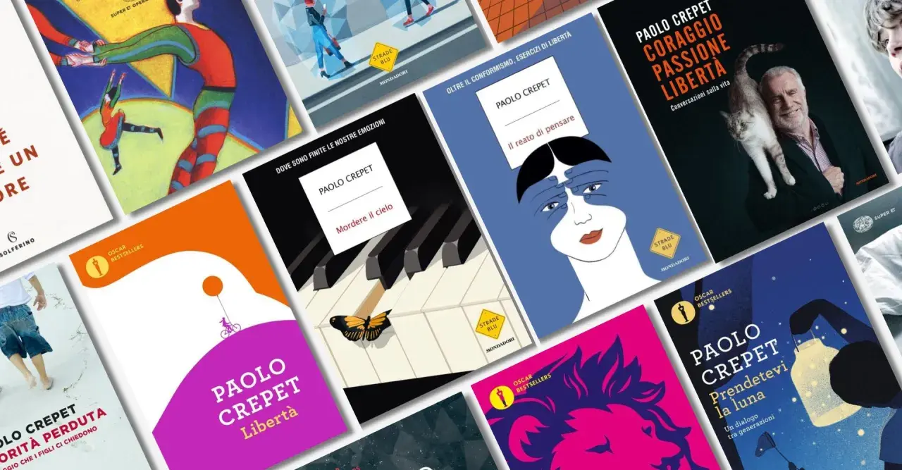 Copertine di libri di Paolo Crepet: "Libertà", "Il reato di pensare", "Coraggio Passione Libertà" con un gatto, e altri titoli.