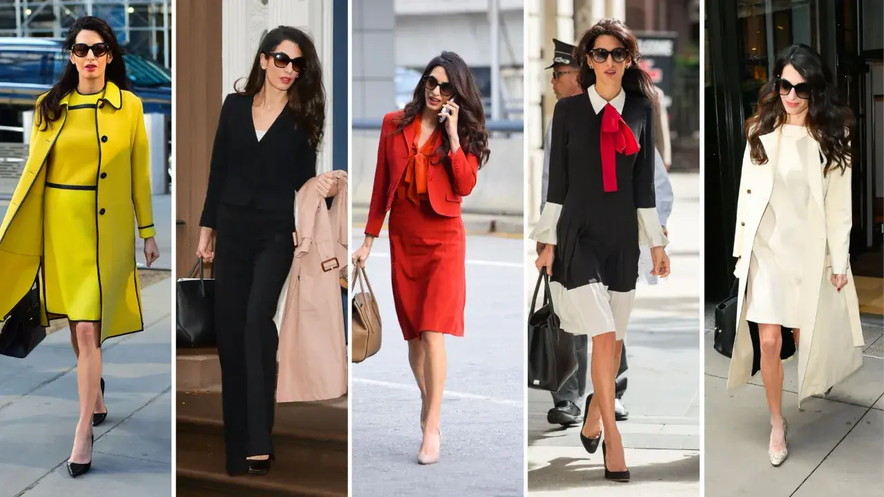 Amal Clooney's fashion style showcases bold colors and sharp tailoring. She's seen in a vibrant yellow coat, a classic black suit, a striking red ensemble, a chic black and white dress, and an elegant cream trench coat.