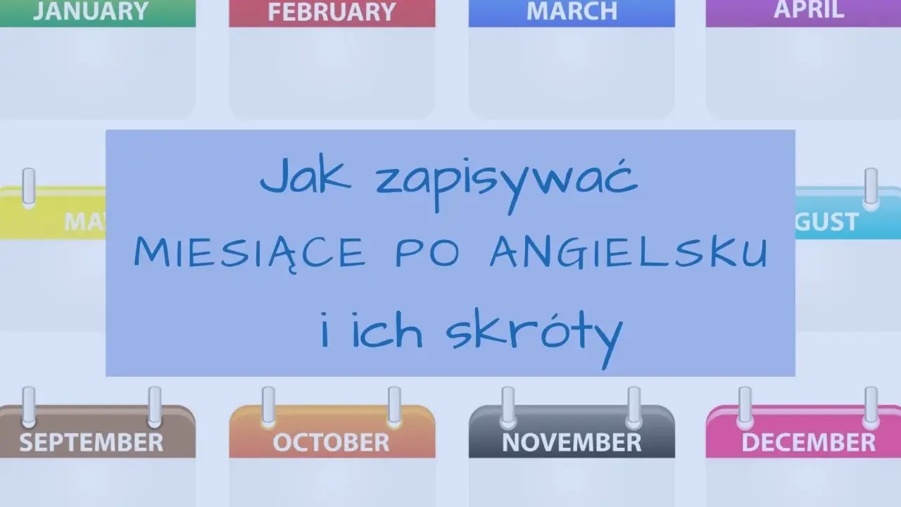 Kalendarze z nazwami miesięcy po angielsku: January, February, March, April, May, August, September, October, November, December. Tekst: "Jak zapisywać miesiące po angielsku i ich skróty".