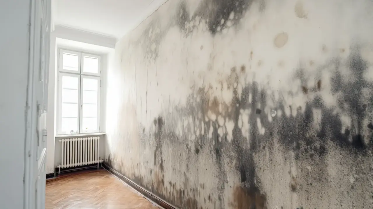 Ściana z pleśnią i grzybem, przypominająca obraz z ostrzeżeniem o lewatywa przeciwwskazania.