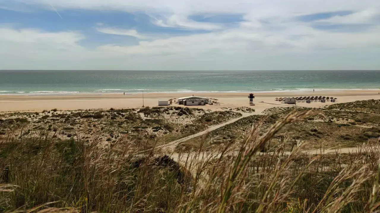 Strand von Conil de la Frontera mit Dünen, einem Strandcafé und Sonnenschirmen. Das Meer ist ruhig, der Himmel ist bewölkt.