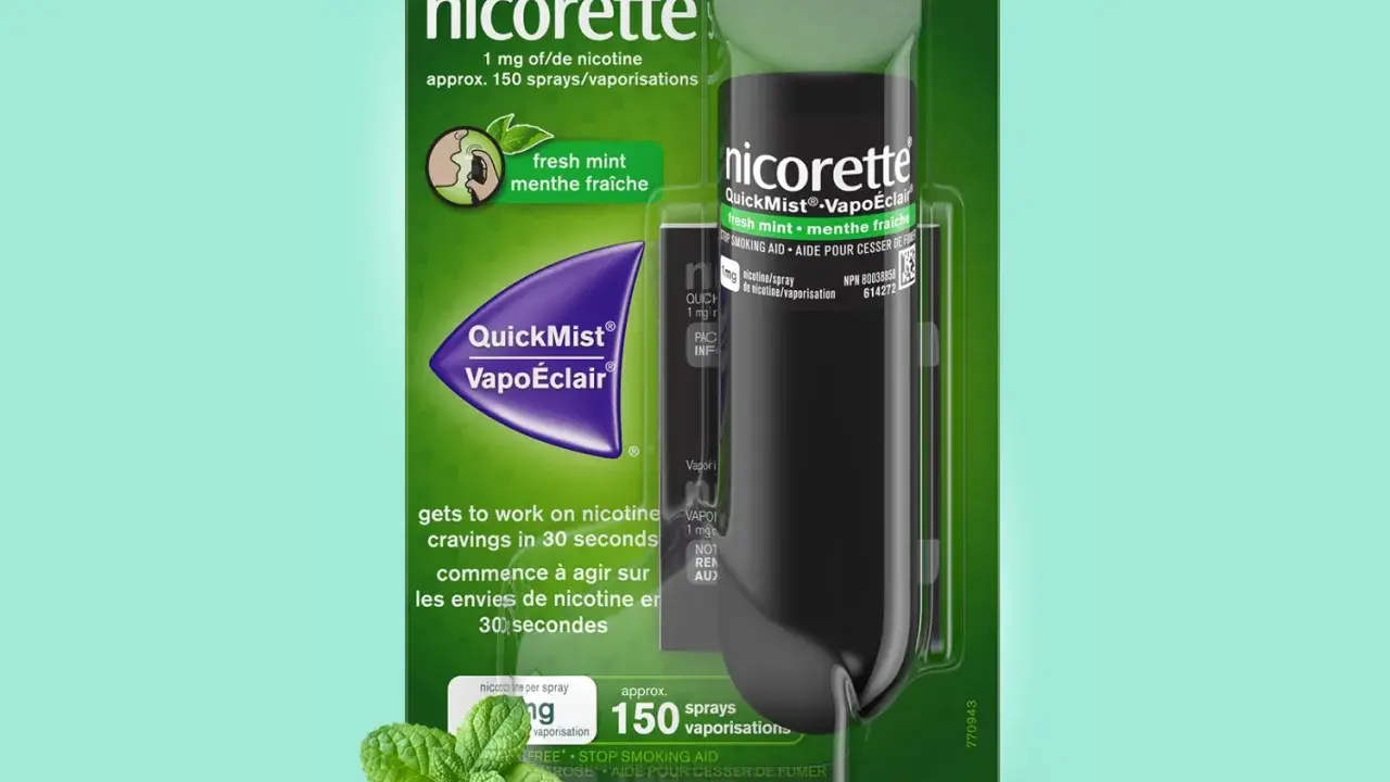 Nicorette QuickMist VapoÉclair: frische Minze, 1 mg Nikotin pro Sprühstoß, ca. 150 Sprühstöße. Hilft bei Rauchverlangen.