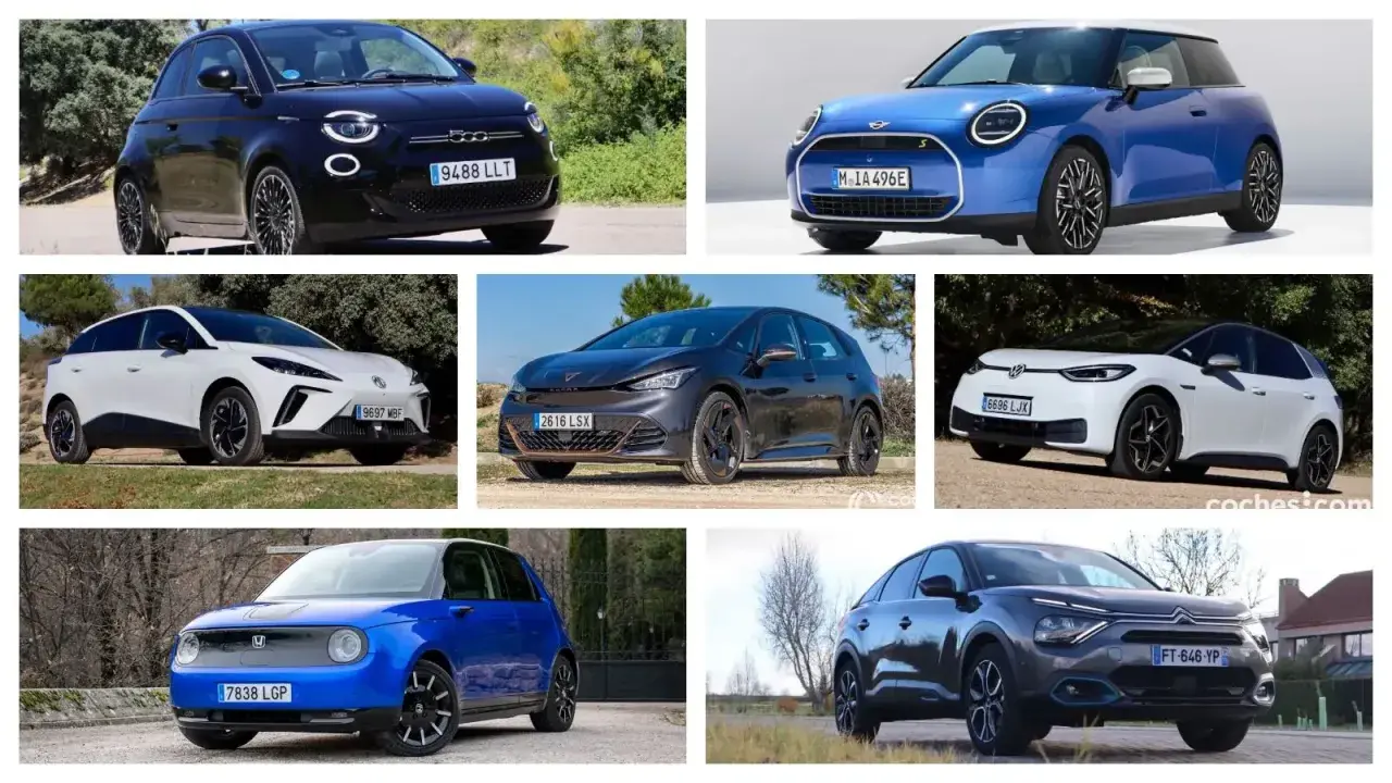 Variedad de tipos de vehículos eléctricos: Fiat 500e, Mini Cooper SE, MG4, Cupra Born, VW ID.3, Honda e y Citroën ë-C4.