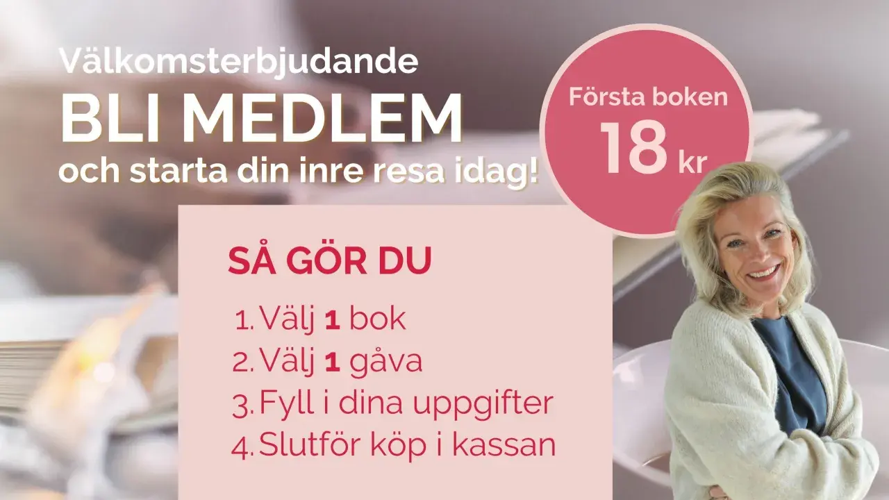 Bli medlem och starta din inre resa idag! Erbjudande: första boken för 18 kr. En glad kvinna ler.