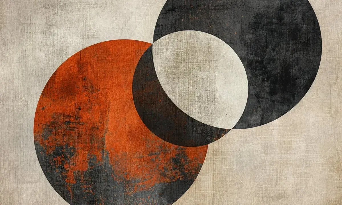 Minimal art mit überlappenden Kreisen in Orange, Schwarz und Beige. Textur erinnert an Leinwand.