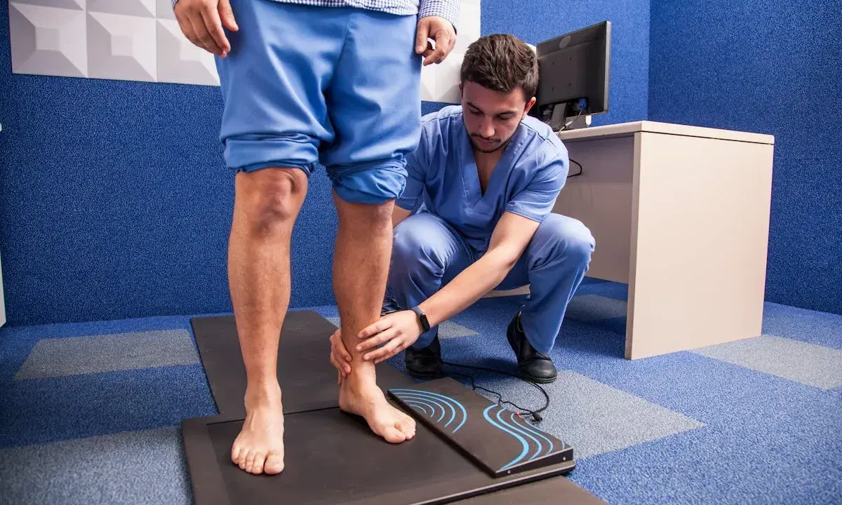 Un podologue examine le pied d'un patient sur un tapis de mesure, dans le cadre d'une consultation de pédicurie.