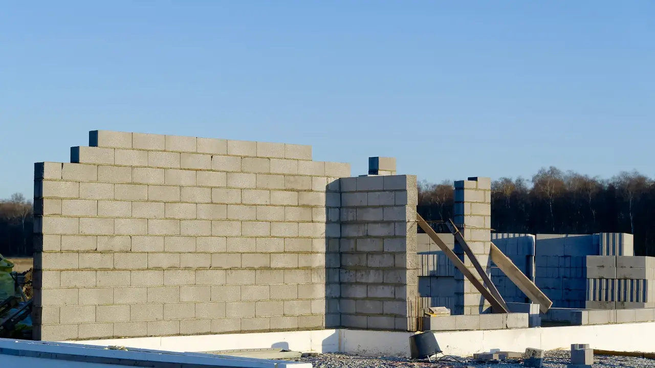 Budowa domu w toku. Wznoszona jest ściana nośna z bloczków betonowych, widoczne fundamenty i materiały budowlane.