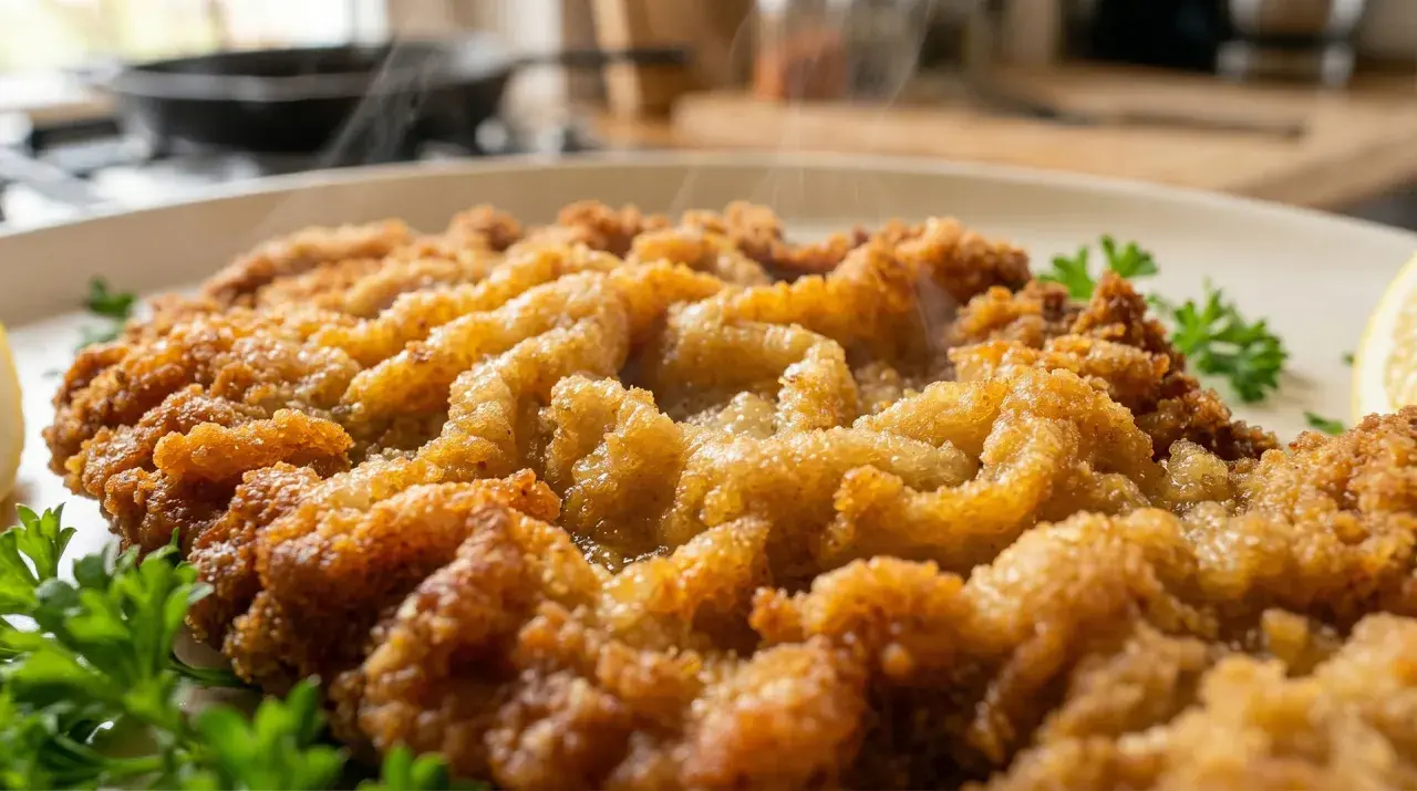 Heiß dampfendes paniertes Schnitzel, goldbraun gebraten. Wie lange paniertes Schnitzel braten? Perfekt knusprig!