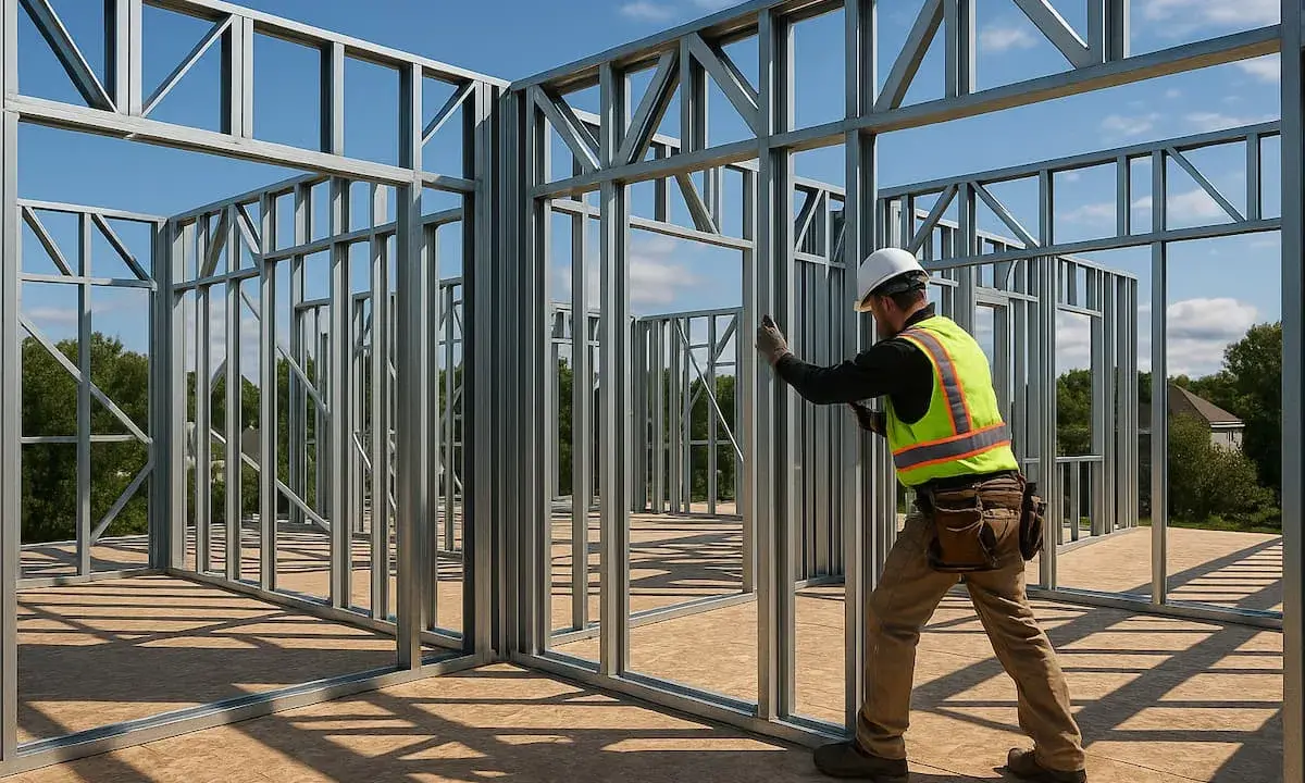 Obrero trabajando en la construccion steel framing de una casa. El sol ilumina la estructura metálica.
