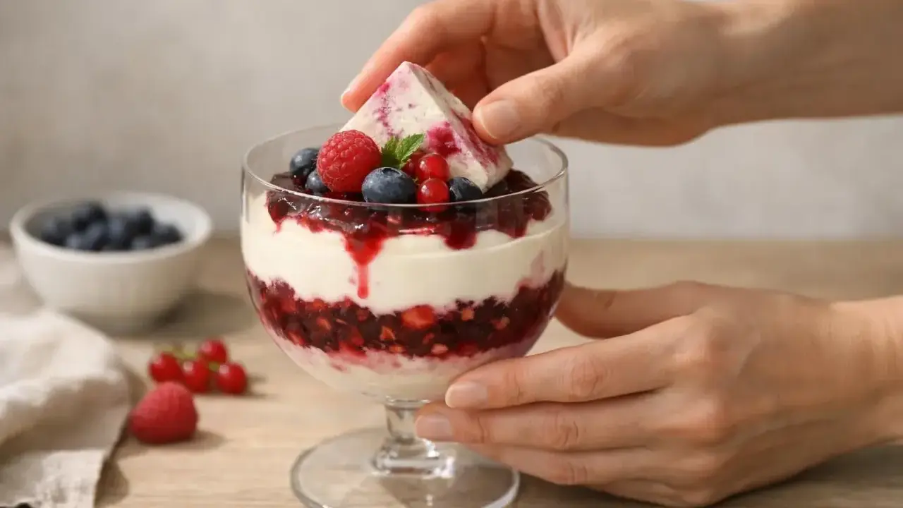Verrine de dessert aux fruits rouges et crème, garnie d'une feuille de menthe.