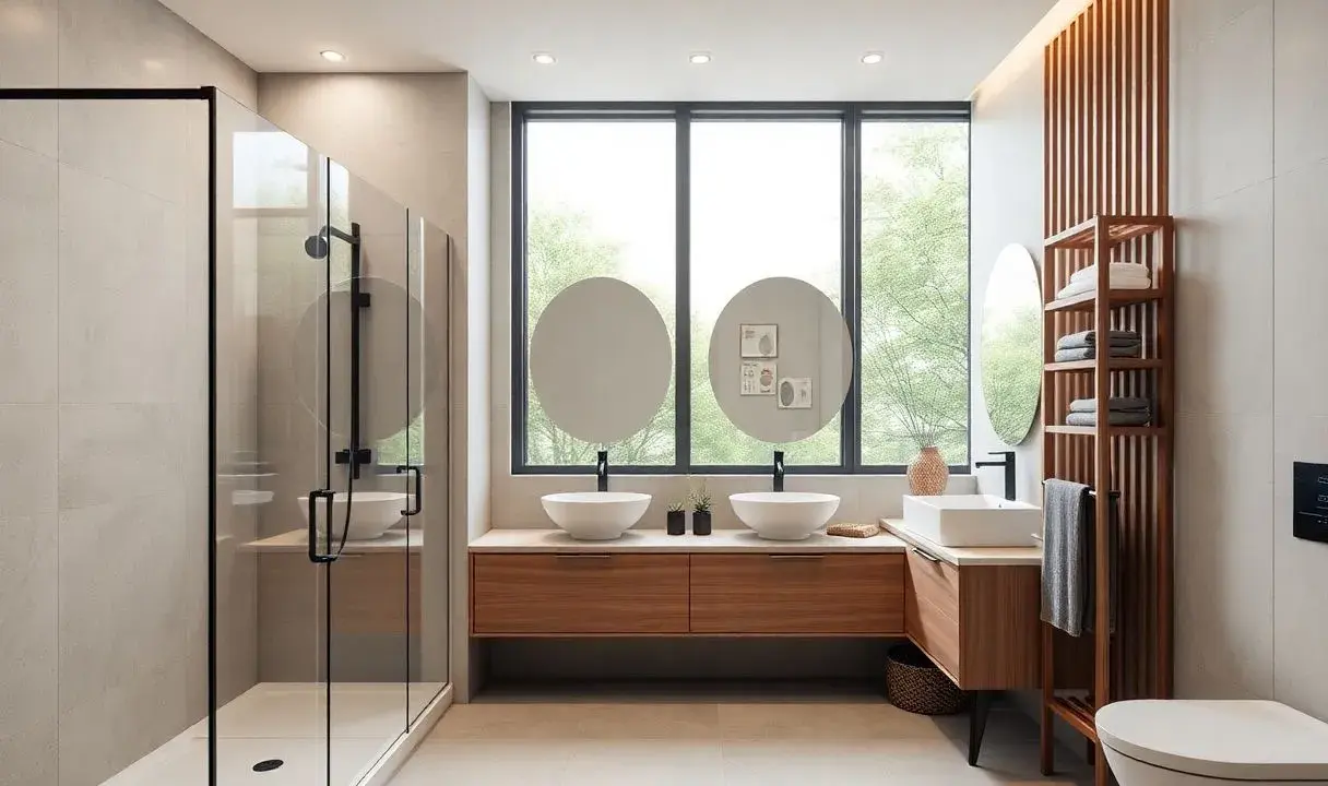 Salle de bain 10m2 moderne avec douche vitrée, double vasque sur meuble bois, et étagère murale.