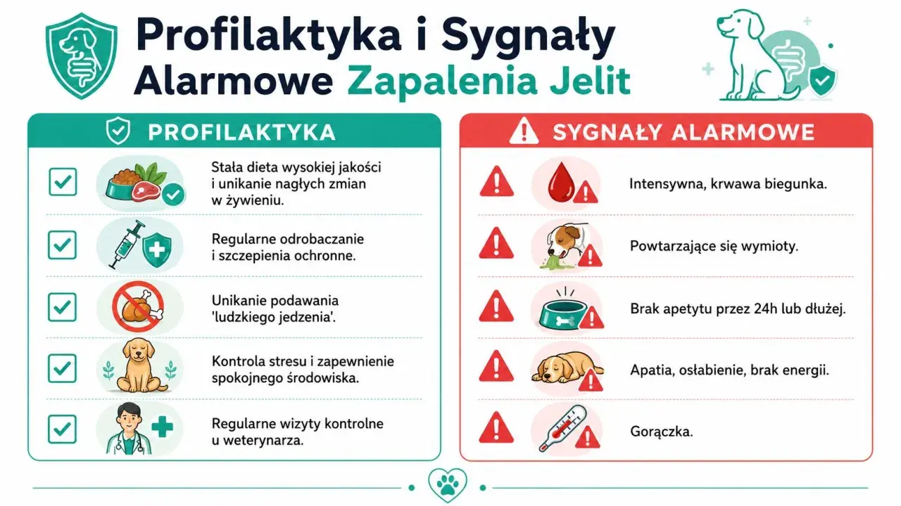 Profilaktyka i sygnały alarmowe zapalenia jelit u psa: krwawa biegunka, wymioty, brak apetytu, apatia, gorączka.