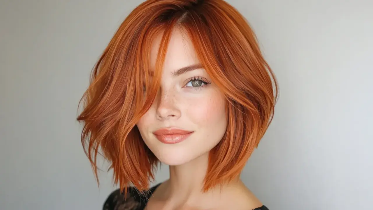 Mujer con cabello cobrizo y corte bob asimétrico, ideal para cortes de pelo para dar volumen al pelo fino.