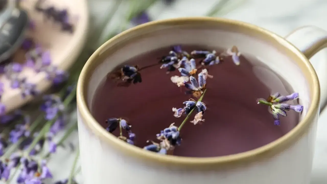 Aromatic herbata z lawendy, choć relaksująca, ma swoje przeciwwskazania. Napar w filiżance z kwiatami lawendy.