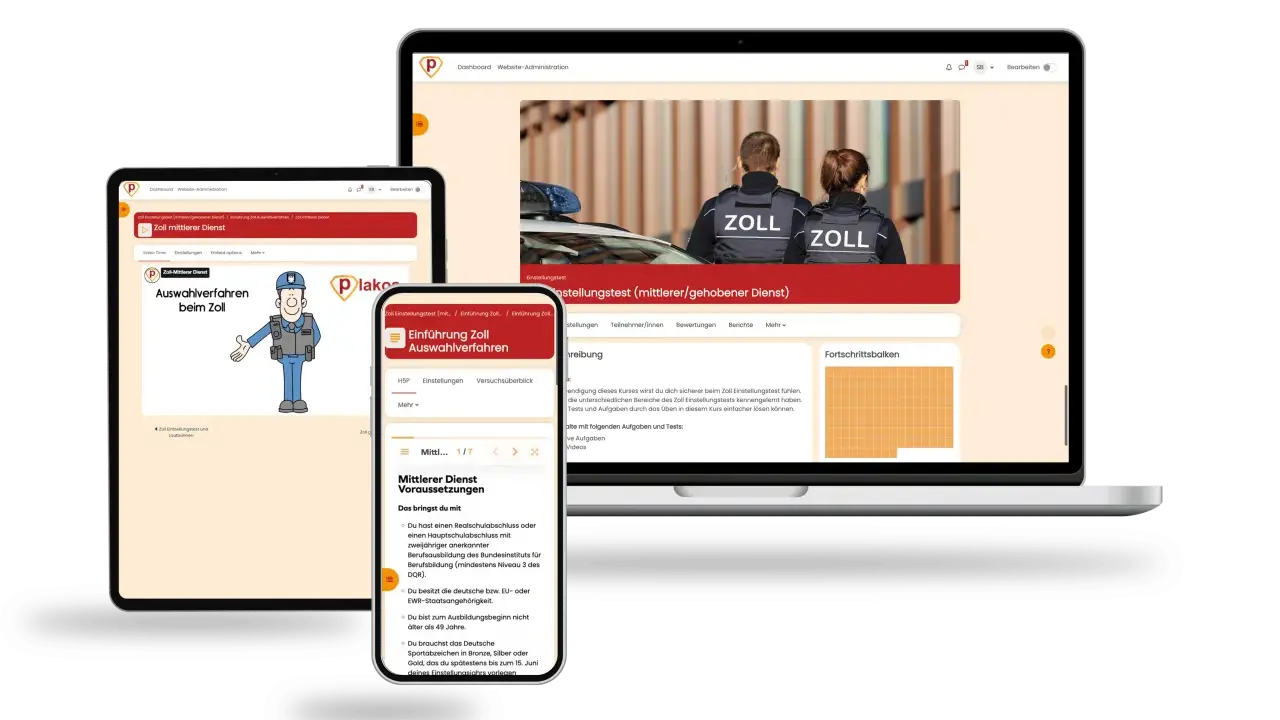 Drei Bildschirme zeigen eine Website über den Zoll-Einstellungstest mit Zollbeamten und einer Illustration.