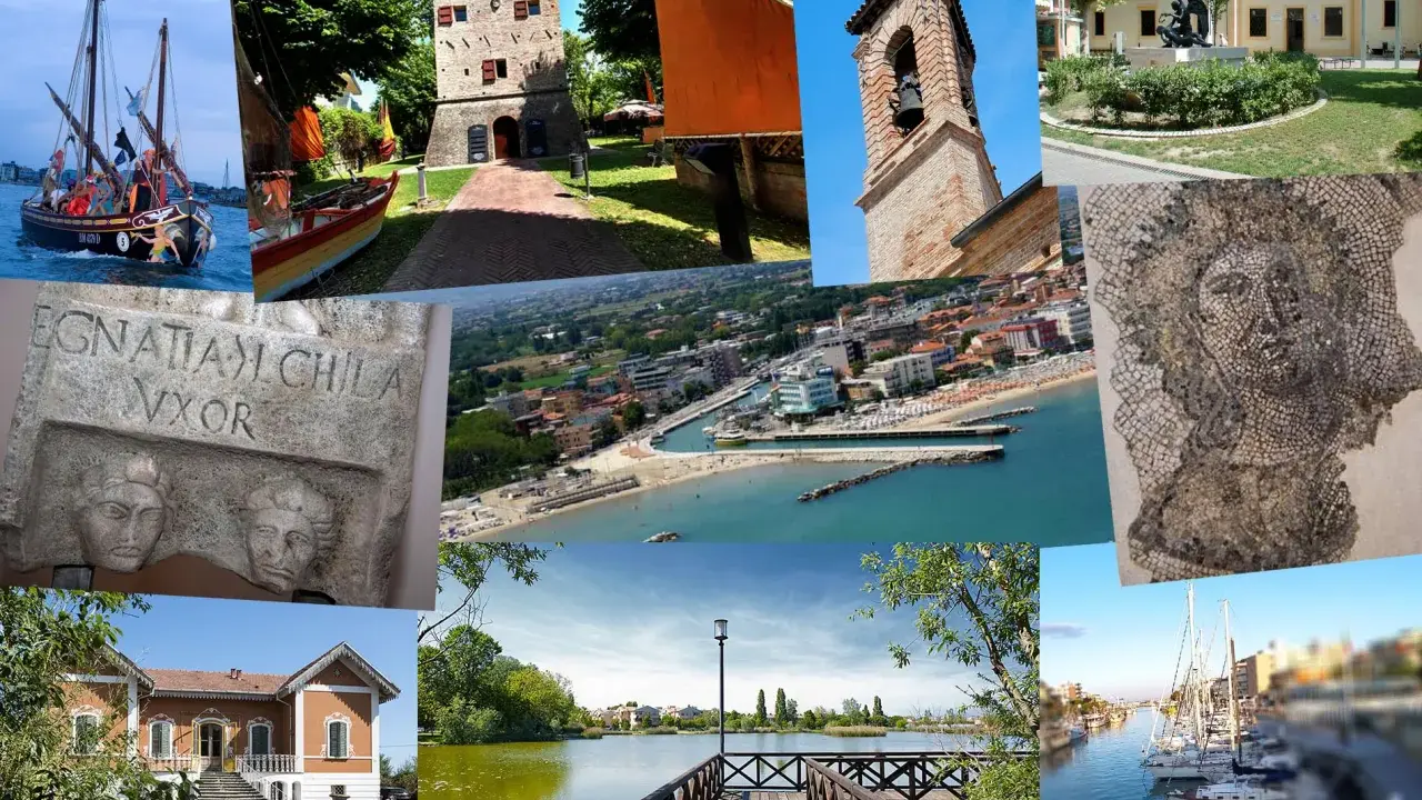 Bellaria Igea Marina: un collage di storia e mare. Barche a vela, un'antica torre, un mosaico romano, la spiaggia e un lago incorniciano la bellezza di questa località.