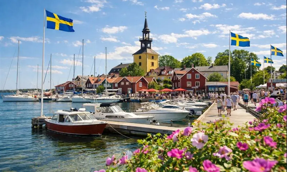 En livlig hamn med svenska flaggor, båtar och röda hus. Kanske en vy från ett mysigt hotell i Norrbotten en solig sommardag.