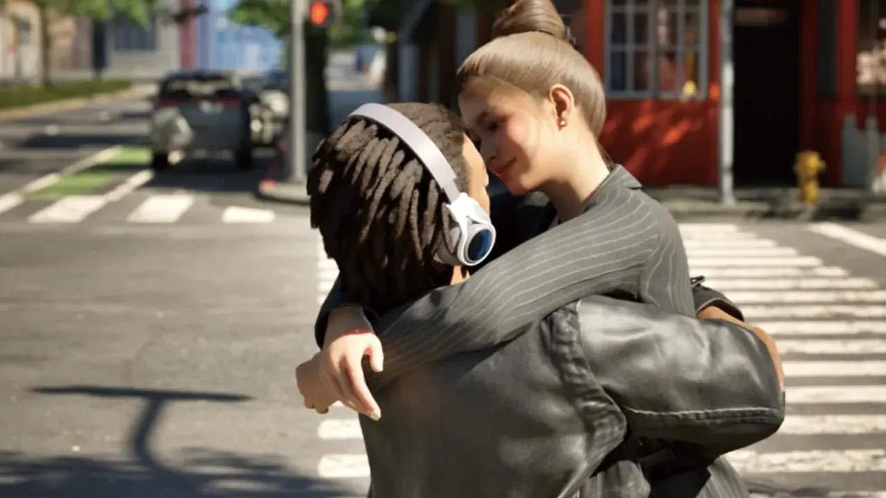 Para mi recenzje The Sims 4, ta scena oddaje emocje, które można przeżyć w grze. Para przytula się na ulicy, w tle widać samochody i budynki.