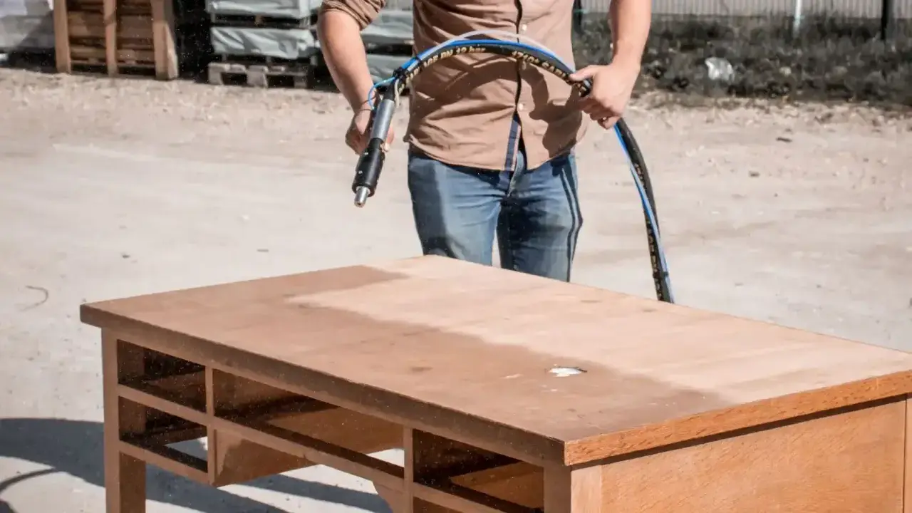 Un homme utilise un appareil pour le décapage bois sur un bureau. La surface est partiellement nettoyée, révélant le bois brut.