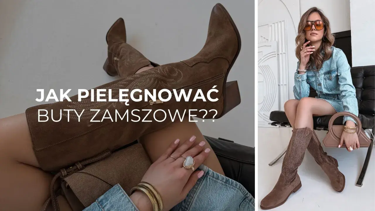 Jak pielęgnować buty zamszowe? Stylowa kobieta w jeansowej sukience i brązowych kozakach pokazuje, jak dbać o zamsz.